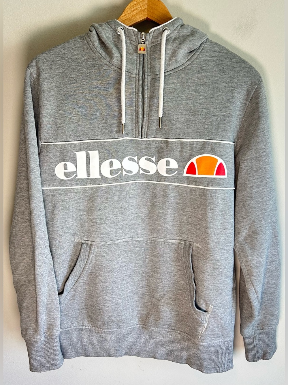 ellesse 1/4 Zip Hoodie Gray White Stripe Big Logo Men's Size M Cotton Vintage